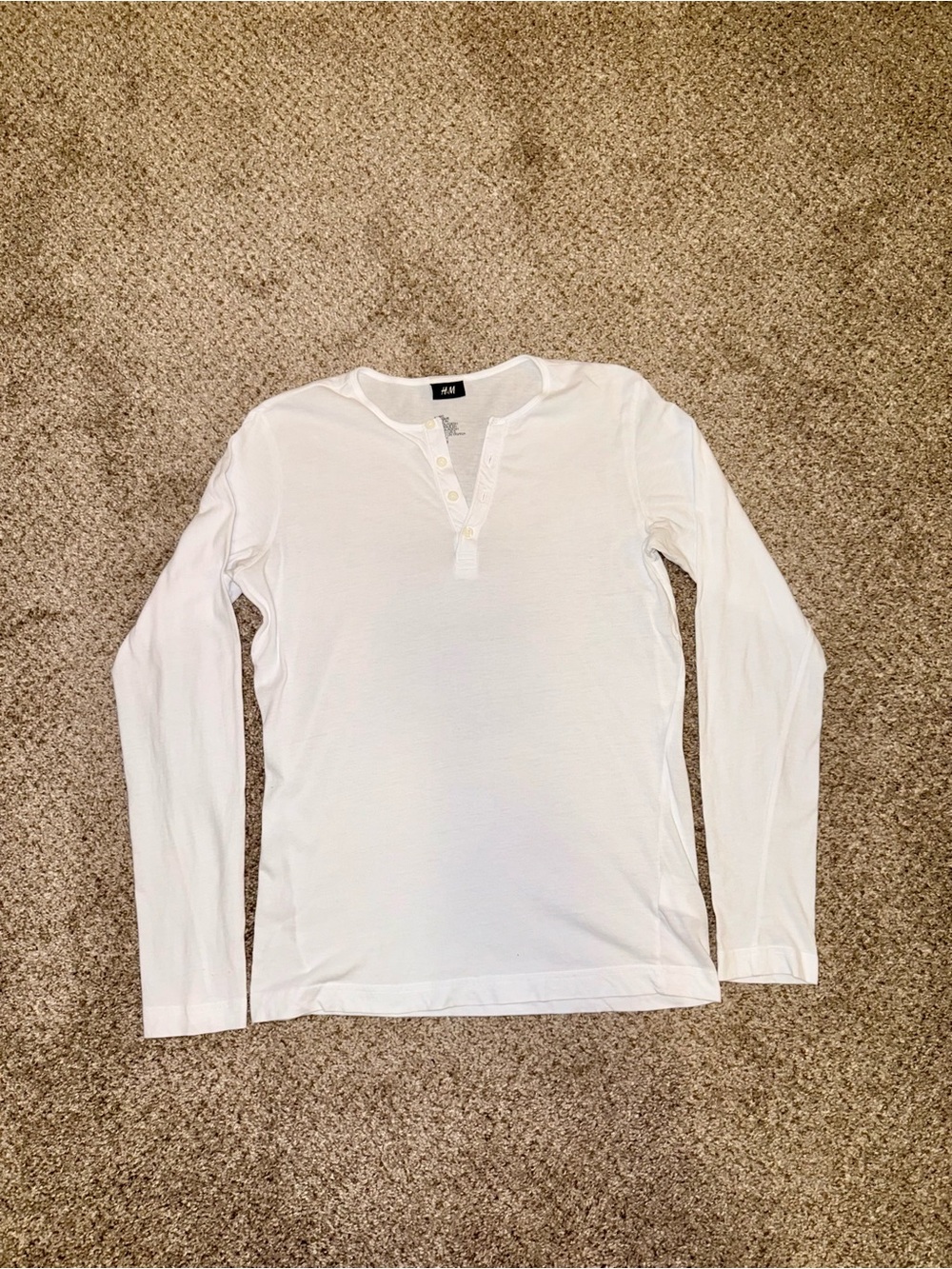 H&M Men’s White Long Sleeve Henley Shirt 100% Cotton Lightweight Basic Small